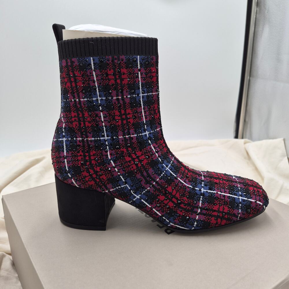 NEW Kenneth Cole Reaction Rida Stretch Jewel Dress Booties red plaid knit sz 6.5